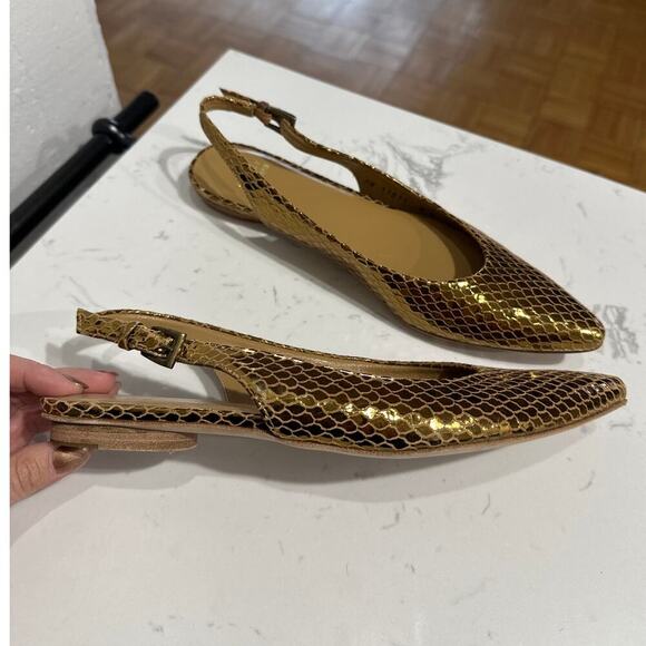 Stuart Weitzman Minnie Python Serpent Gold Metallic Slingback Flat, 8, Like New - Picture 2 of 7